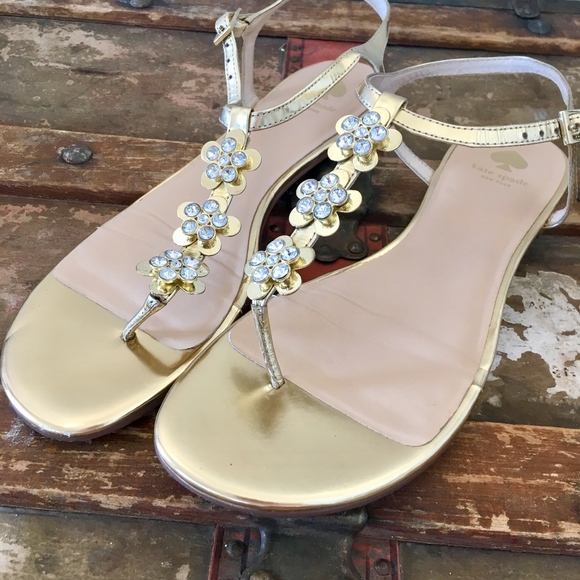kate spade Shoes - Kate Spade T-Strap Gold Sandals Jeweled Flowers